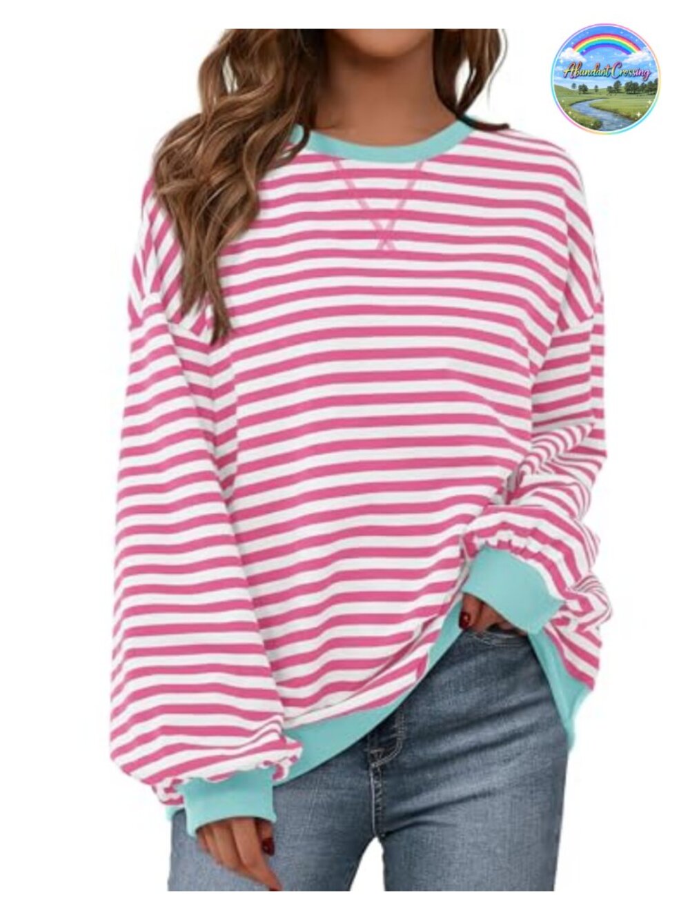 Oversized Striped Lantern Sleeve Crewneck Sweatshirt